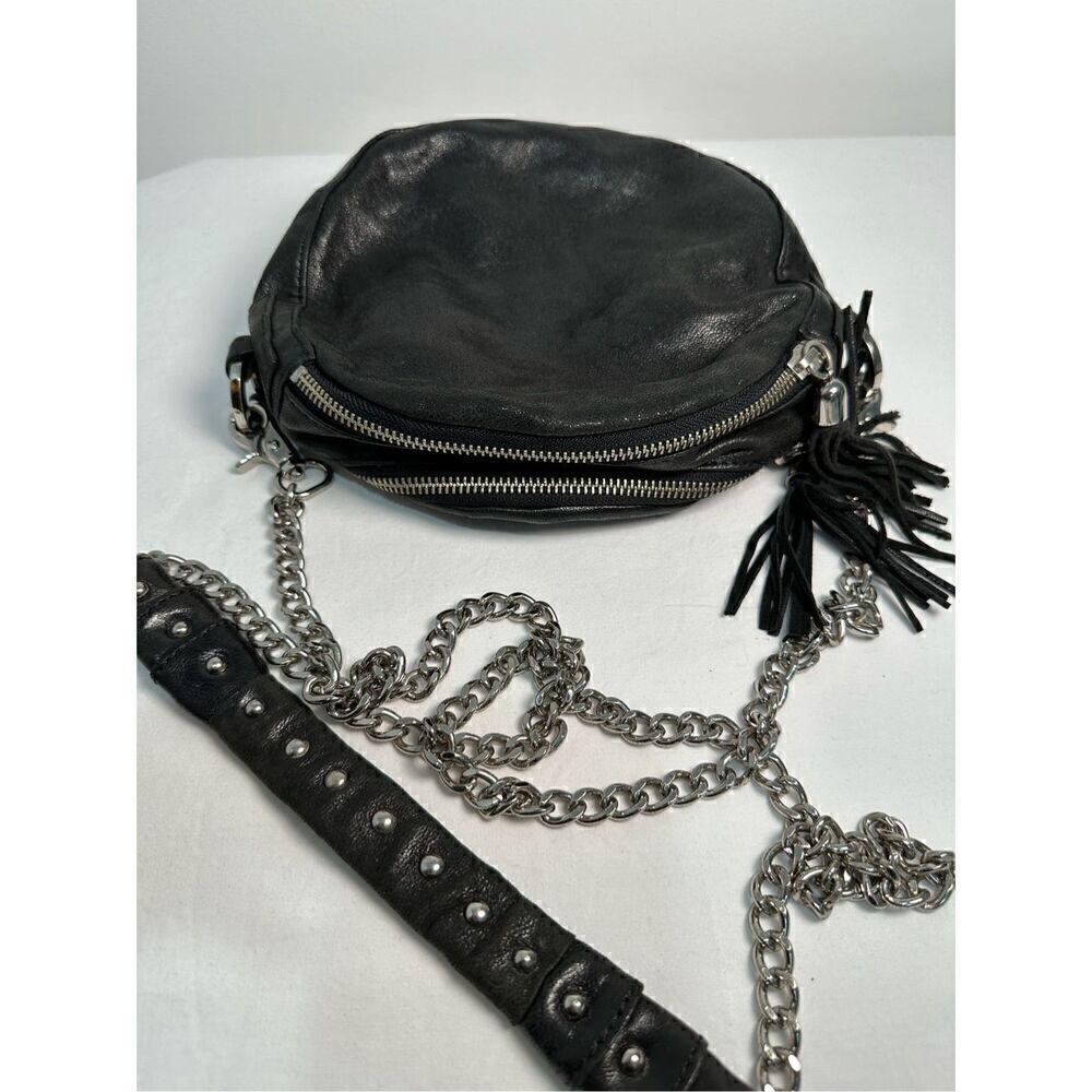 Pour la Victoire black leather round crossbody silver studded chain strap M-1162 - Picture 12 of 13